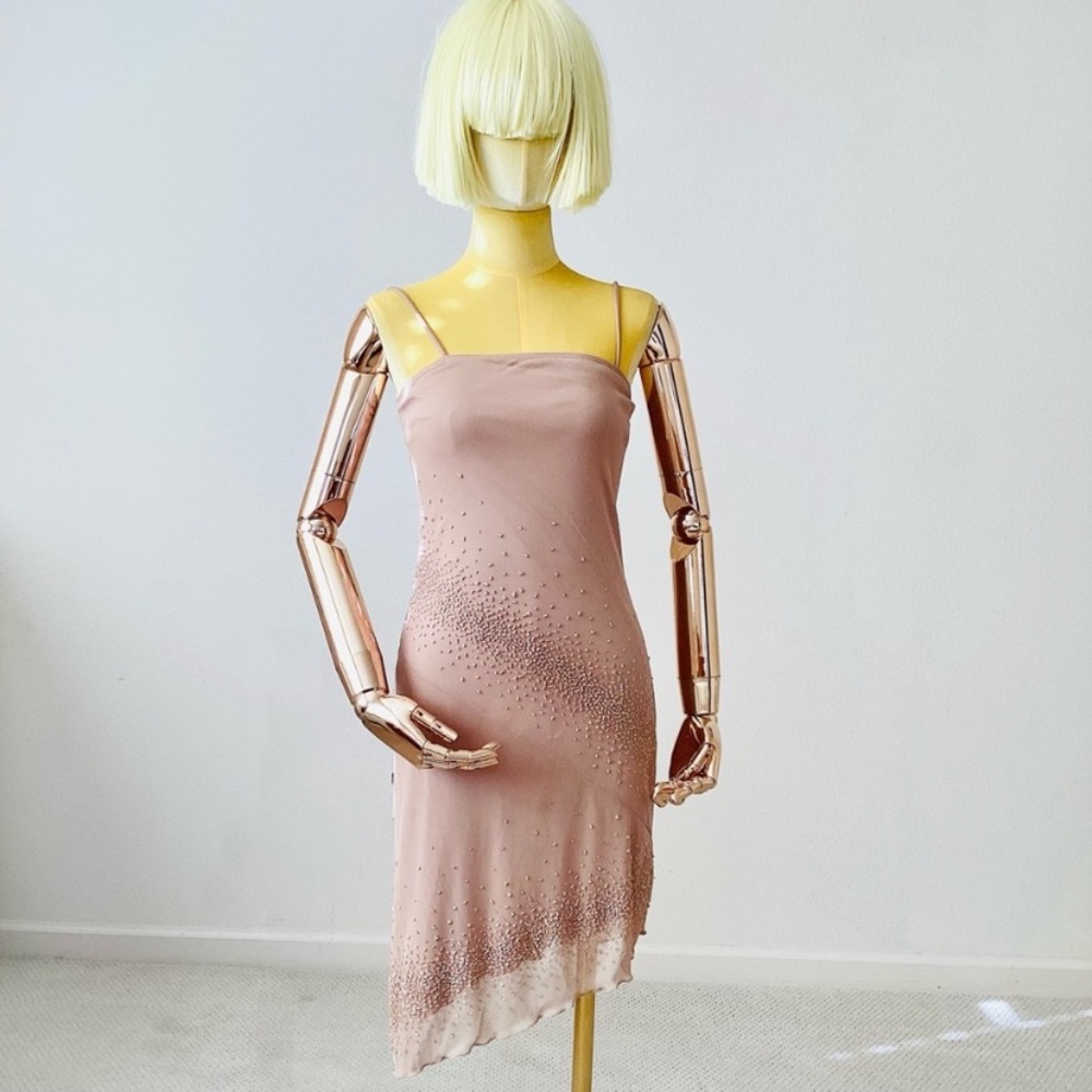 Y2K Hyphen Tan Neutral Bead Embellishments Asymmetrical Dress SZ S